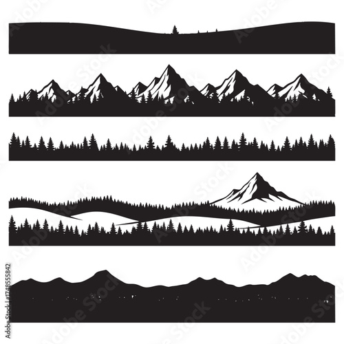 Seamless Mountain and Forest Landscape Borders Silhouette Vector Set