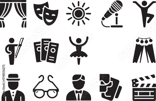 Collection of isolated theatre and performing arts vector icons with simple black illustrations