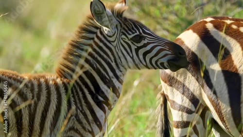 A zebra foal smelling its mother's rear on a sunny day in the tall grass, wildlife photography in Africa.