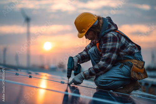 Empoderamiento femenino en energías renovables y sostenibilidad ambiental. Joven ingeniera instalando un panel solar con un taladro bajo un cielo azul.