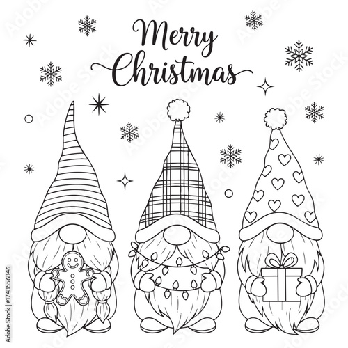 Three Christmas Gnomes Coloring Page Vector Illustration. Merry Christmas Line Art.