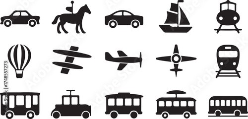 Silhouetted illustrations of various transportation vehicles against a white background in flat style.