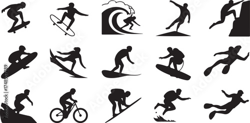 Silhouettes of various extreme sports actions featuring surfing skateboarding and other activities