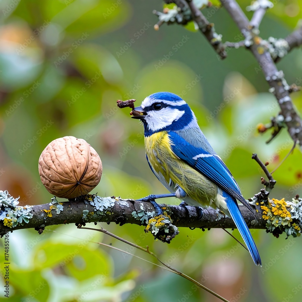 Obraz premium Blue tit with walnut