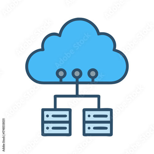 Stylized cloud connecting to server racks, representing cloud computing infrastructure and data