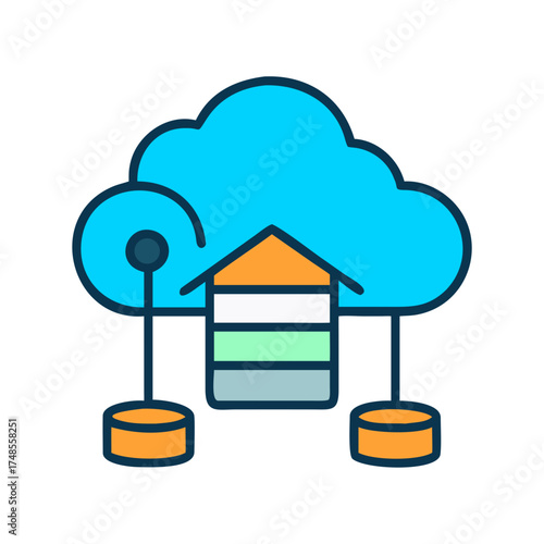 Flat design icon of cloud data storage and database connectivity with layers