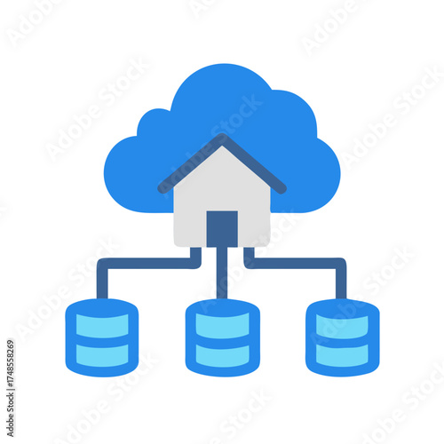 Cloud Hosting Network with Databases and a Home Symbol on Black Backdrop