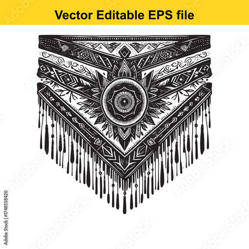 Vector art of bohemian tribal bandana scarf with intricate geometric patterns and fringe
