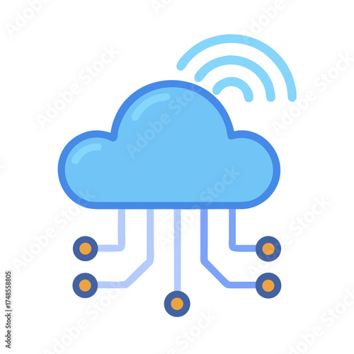 Digital cloud connected to a network represented with simple and colorful graphics