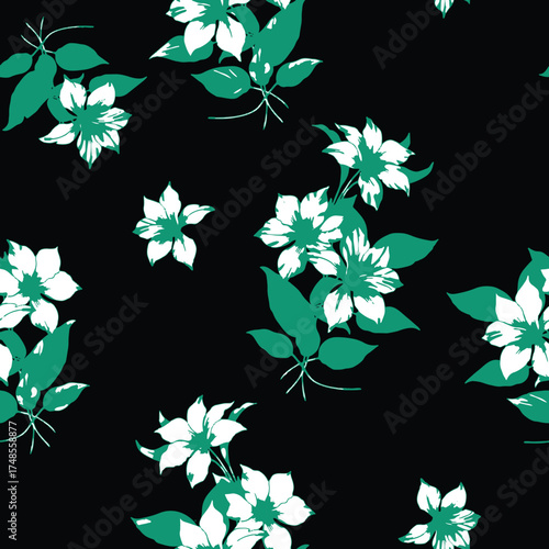 Seamless floral pattern, classic flower ornament, abstract ditsy print in vintage motif. Elegant botanical design of beautiful large wild flowers, leaves, small branches, herbs. Vector illustration.	
