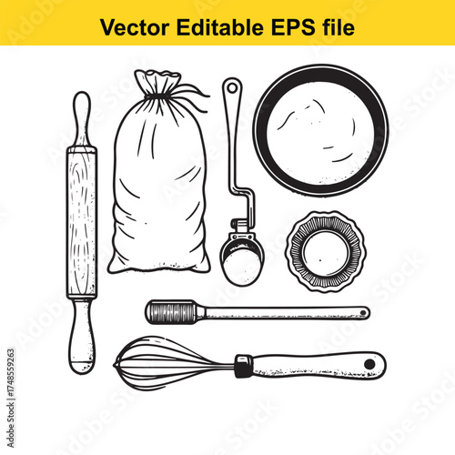 Vector art of collection of baking tools and ingredients, including a rolling pin, a bag of flour, a whisk, a scoop, a bowl, and a cookie cutter