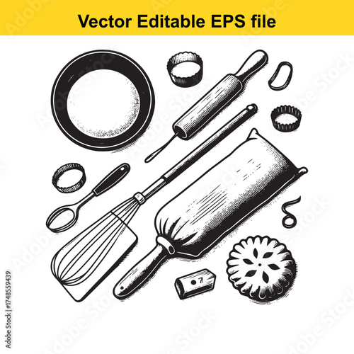 Vector art of assortment of baking supplies and utensils, featuring a rolling pin, whisk, spoon, cookie cutters, a bowl, and a bag of flour