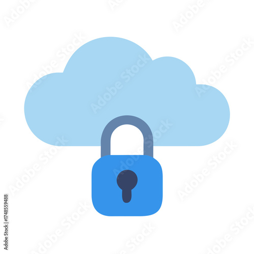 Cloud computing security: padlock safeguarding a data cloud against black background