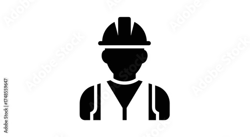 A black and white silhouette icon of a construction worker wearing a hard hat and safety vest.