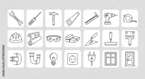 Collection of various construction tools and equipment icons, perfect for design and illustration.
