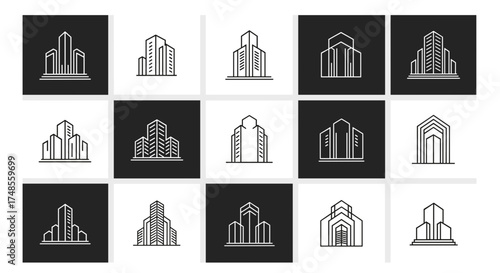 A collection of stylized, minimalist line art icons representing various building facades and architectural designs.