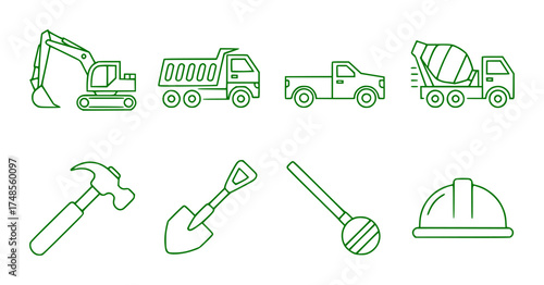 Construction Icons Excavator, Trucks, Tools, and Hard Hat