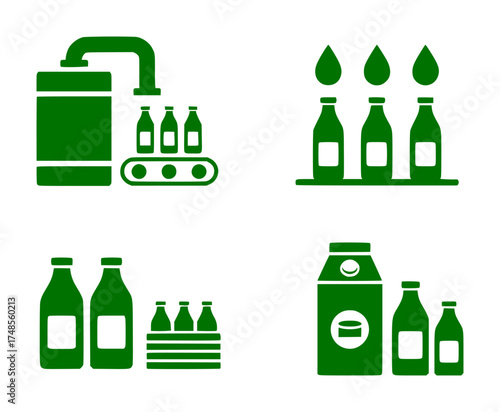 Green Icons Representing Beverage Production and Packaging Processes