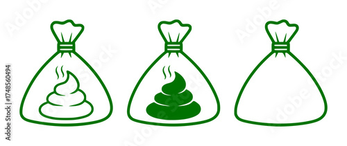 Three green bags, two with steaming poop icons, one empty
