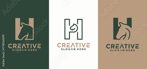Horse logo with a minimalist concept letter H combination, Modern horse head vector logo template, horse letter H initials.