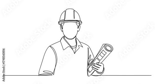 Line drawing of a construction worker holding blueprints and wearing a hard hat.