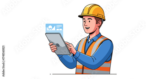 An industrial engineer in a hard hat and safety vest using a tablet for data analysis and project management.
