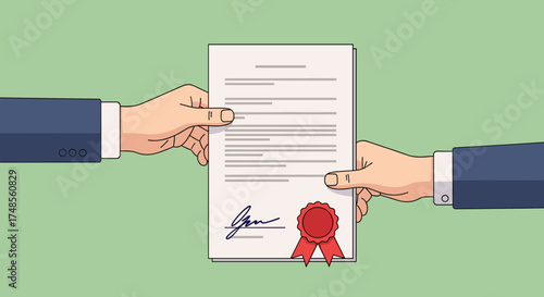 Two hands in suits exchanging a signed document with a red wax seal and ribbon.
