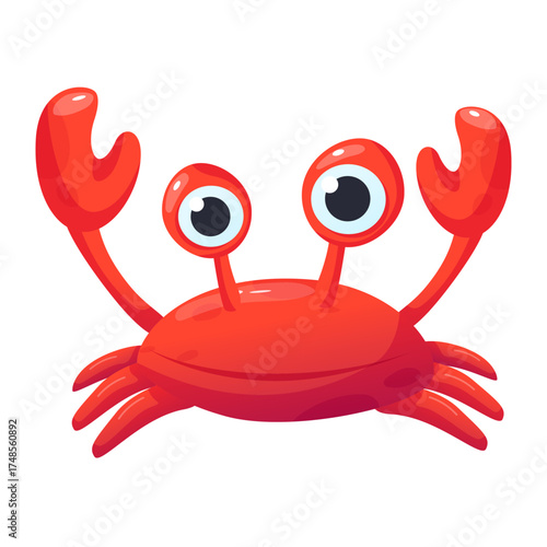 Cute cartoon red crab with big eyes and claws up. Funny sea character illustration for kids, animation, summer, beach, seafood, marine design, stickers, mascots, and tropical projects.