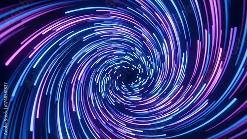 Abstract neon light trails swirling into a dark vortex dynamic motion background with vibrant blue and purple streaks