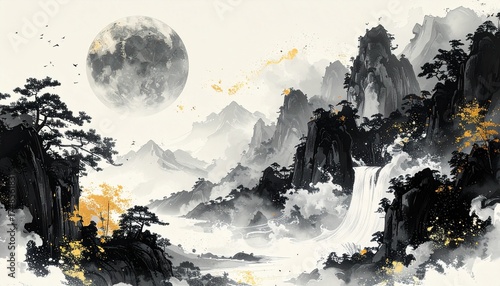 Wallpaper Mural Mystical Moonlit Mountain Landscape with Waterfall Torontodigital.ca