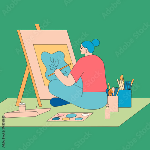 Woman sitting on floor painting on canvas with brushes and palette in modern flat illustration style representing creativity, art, inspiration, and artistic expression