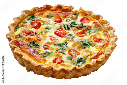 Delicious vegetable tart bursting with fresh tomatoes and greens on a white background