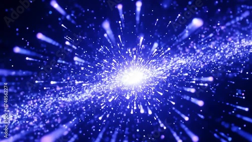 Abstract blue particle explosion burst light streaks bokeh background motion graphic digital art science fiction