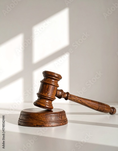Wooden gavel on a white surface, sunlit shadows