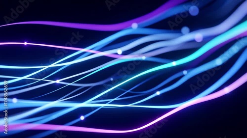 Abstract flowing luminous light trails streaks blue purple vibrant energy motion background digital technology