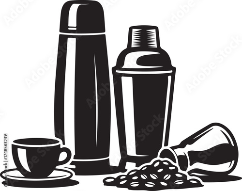 Black Silhouette Icons Of Coffee Making Equipment With Spilled Coffee Beans espresso moka pot