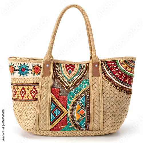 Handmade beach bag made of straw with colored inserts on a white background