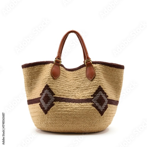 Handmade straw beach bag with decorative pattern on white background