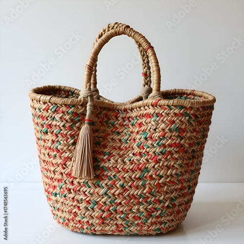 Handmade beach bag made of colored straw on a white background