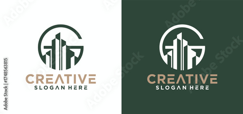 Home and building repair logo design template with a combination of the initials G, the G logo is in the shape of a building.