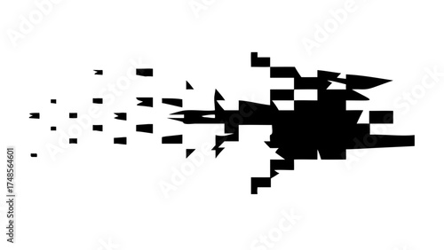 Black arrow disintegrating into smaller shapes moving right on a white background design element