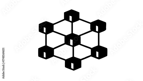 Isometric representation of a network of cubes connected by lines in a geometric arrangement