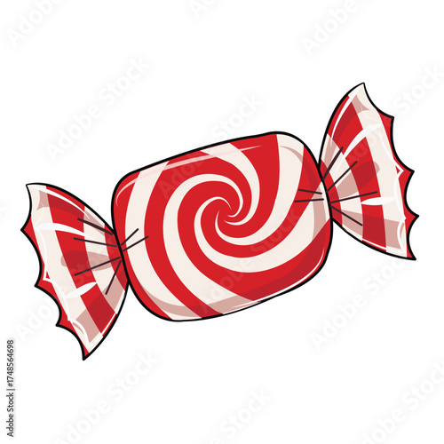 Flat vector illustration of wrapped red and white Christmas candy canes, transparent cellophane edges, isolated on white