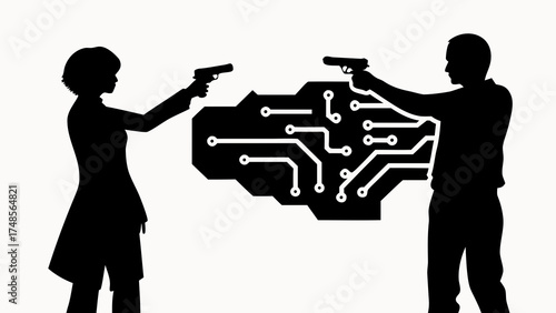 Silhouettes of a man and woman pointing guns at a circuit board in a standoff situation, black and white