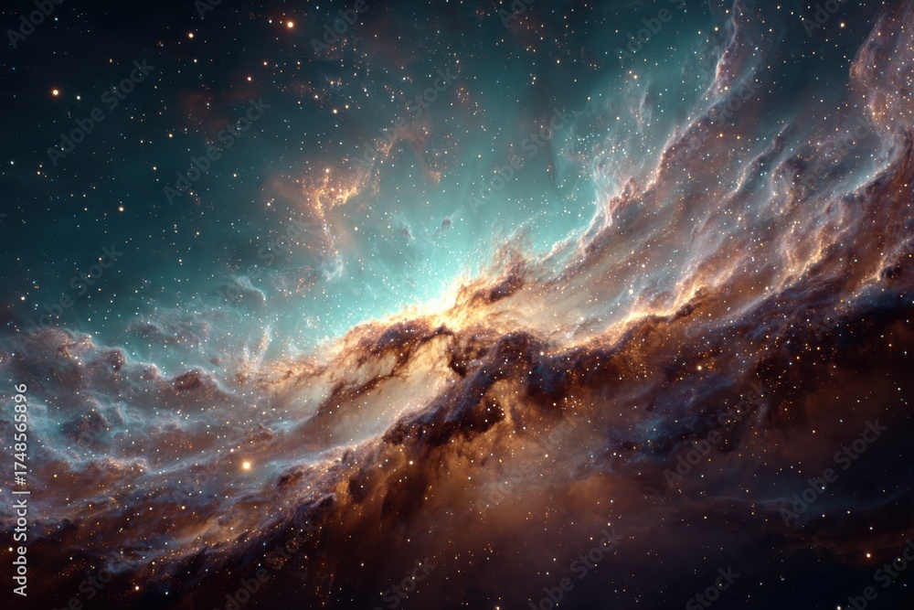 Fototapeta premium Vast nebula in space showcases colorful interstellar clouds and bright stars