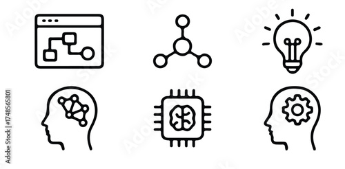 Artificial Intelligence, Technology Network and Innovation Icons Showing Human Head Brain Chip Light Bulb and Connection Concept for Digital Development and Machine Learning Design