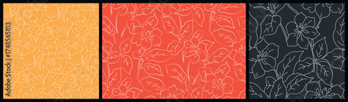 Seamless floral pattern, line art, ditsy print in two colors. Elegant botanical design collection of hand drawn small lily flowers, leaves, outline drawing plants. Graphic pattern, vector illustration