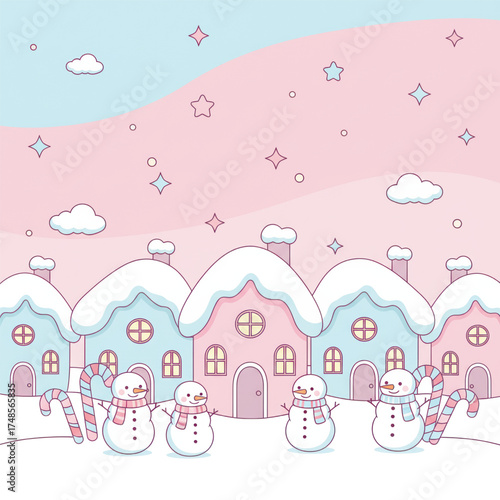 Cute pastel winter scene with snowmen, candy canes, and snowy houses under pink and blue sky, cozy Christmas and holiday background illustration. Vector illustration