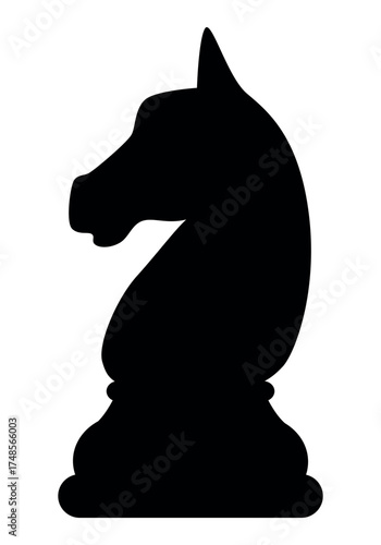 Chess piece knight, black and white silhouette illustration of chessman shape, isolated