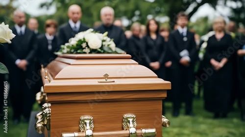 A solemn funeral ceremony outdoors with mourners in black attire dressed in formal suits and dresses holding white roses and a wooden casket decorated with floral arrangements during daytime with a
